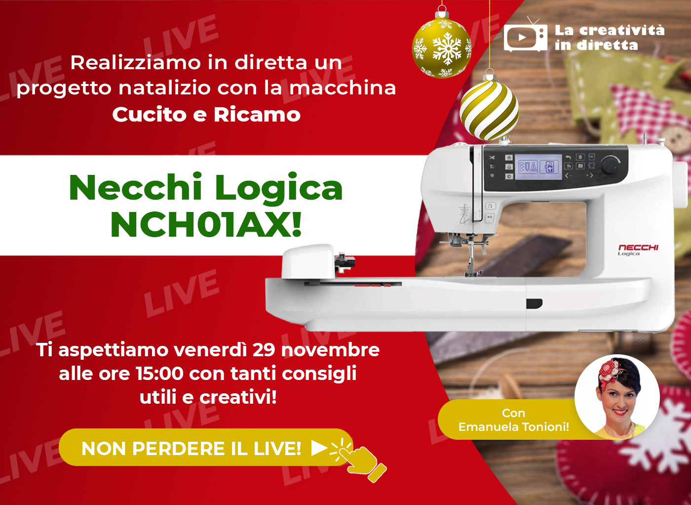 Live Shopping: decorazioni Natalizie con la macchina cucito+ricamo Necchi NCH01AX!
